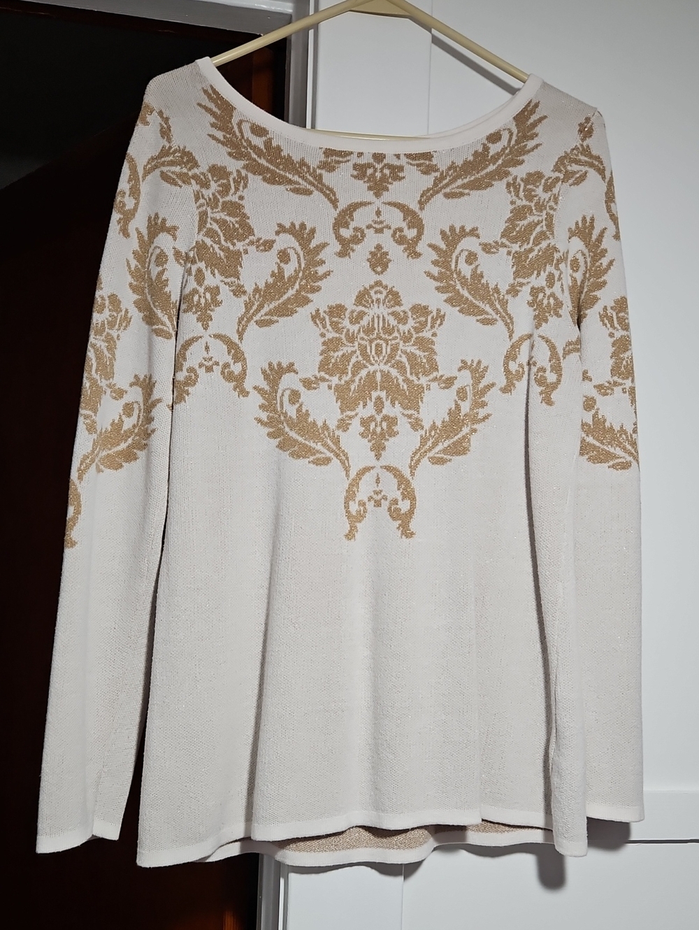 Susan Graver Sparkly Gold & White Crew Neck Long Sleeve Sweater Size M EUC